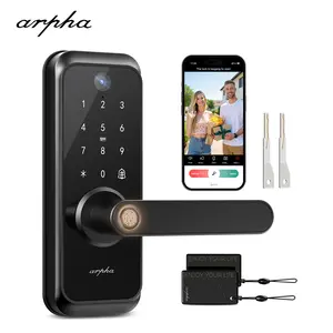 Arpha T229 WiFi Video Smart Lock with Camera & Handle - 6-in-1 Keyless Entry (Fingerprint/App/Keypad/FOB/Key/Camera), Built-in WiFi, 2-Way Audio, Auto-Lock, Waterproof - Black