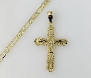 Plated Cross 4mm 14K Diamond Cut Figaro Chain Necklace