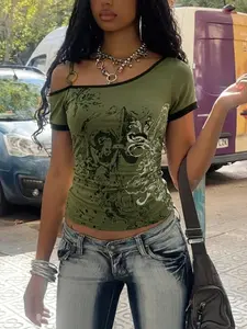 Women's Retro Y2K Asymmetrical T-Shirt in Olive with Single Shoulder O-Ring Abstract Print Side Pleats, Unique Casual Top for Trendy Style