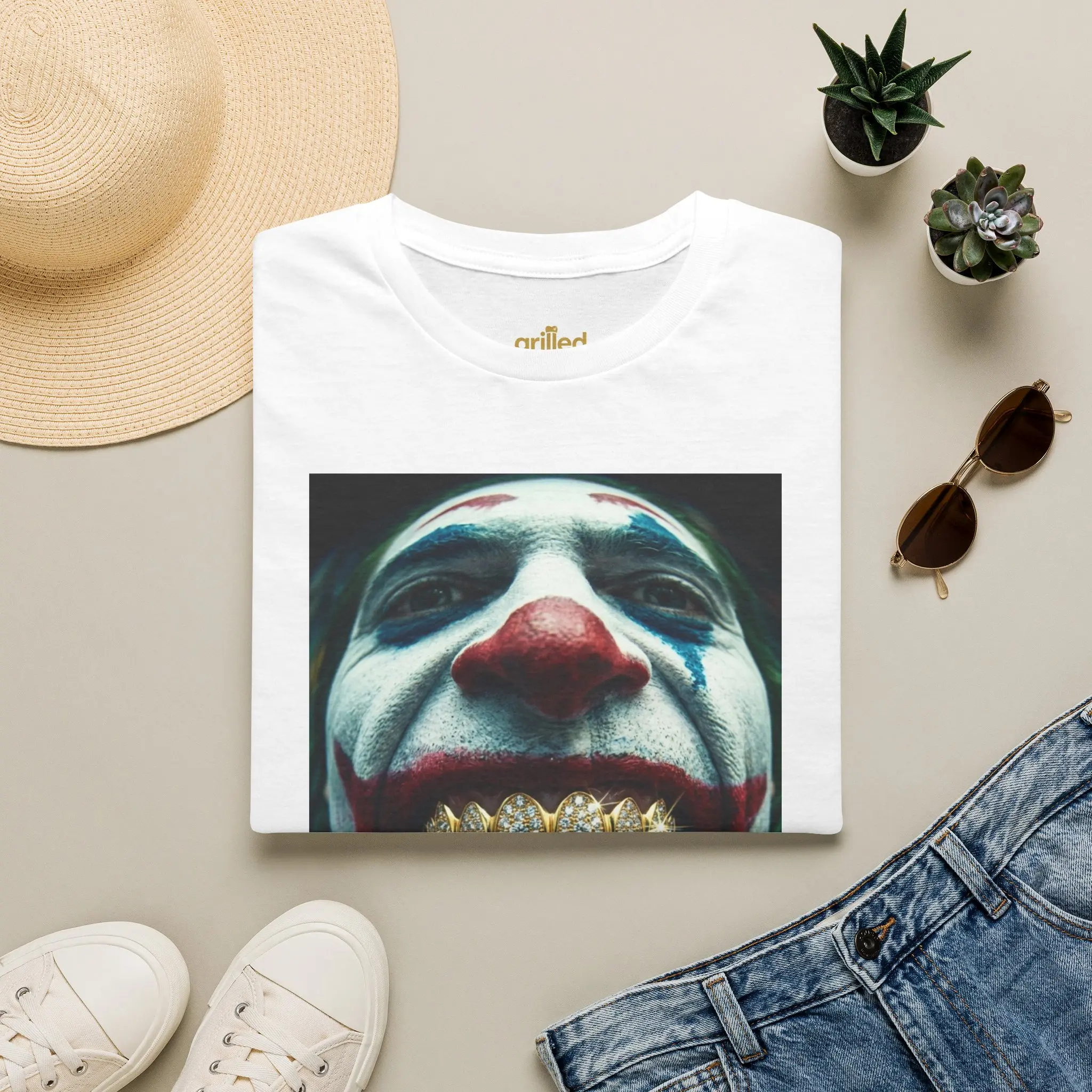 The clown Prince of crime Grin T-Shirt — Horror Clown Face with Gold Teeth Graphic Tee