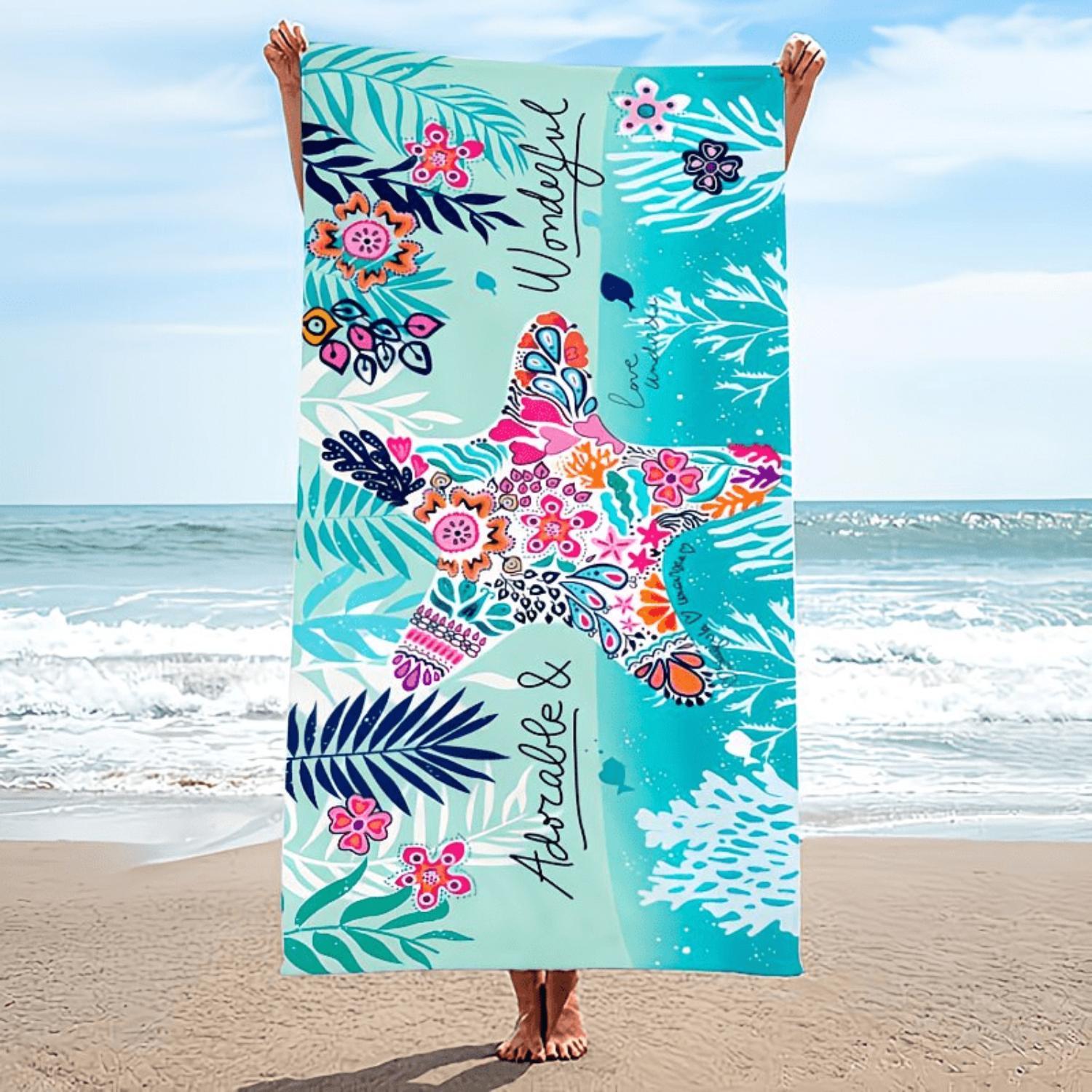 1-Pack Oversized Beach Towel - Super Soft Microfiber, High Absorbency & Quick-Dry, Vibrant Geometric Ocean Design with Palm Leaves & Flowers, Lightweight Portable for Beach