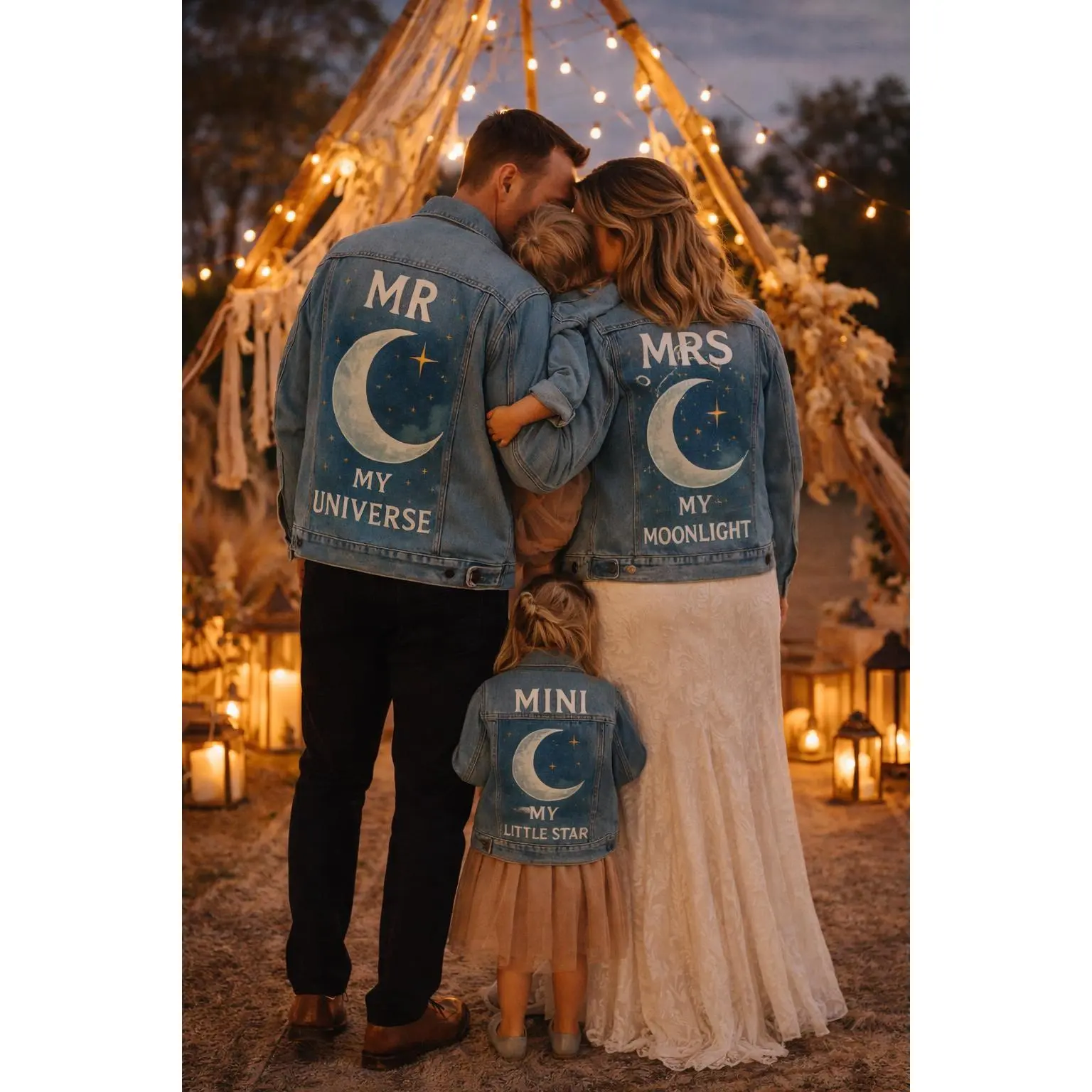 Matching Family Denim Jackets | Custom Hand Painted Mr Mrs Mini Set | Celestial Moon Star Wedding Couples Gift | Personalized Jean Jacket
