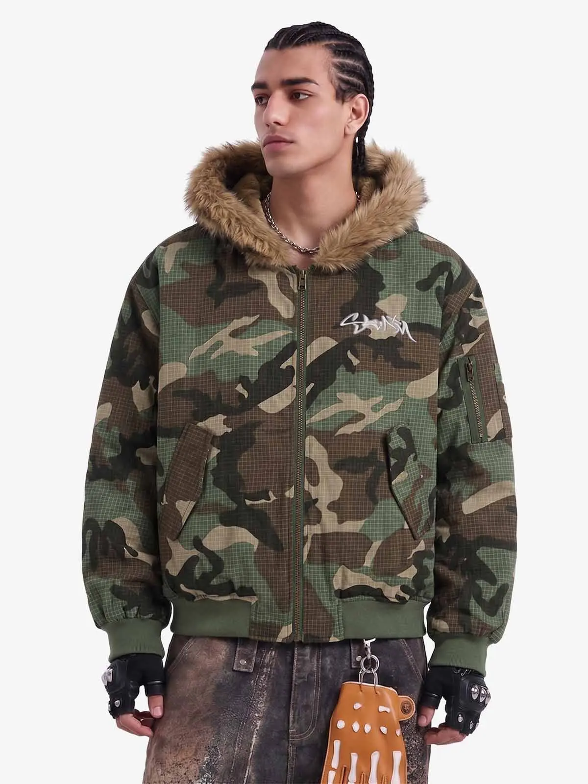 Thesupermade Camouflage Reversible Cotton Jacket | Faux Fur Hood Zip Winter Streetwear Jacket Men Women