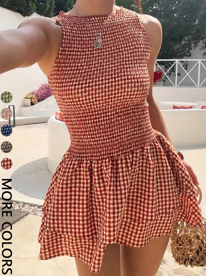 knee length dresses for ladies Rihoas Gingham Square Neck Sundress