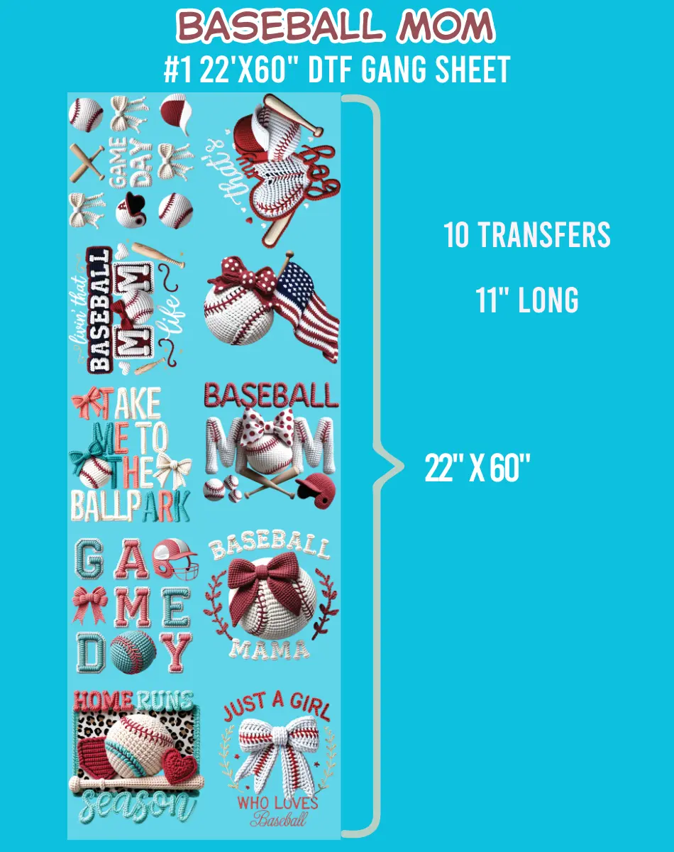 Baseball Mom Pre-Made DTF Gang Sheet #1, 22"x60", Customized Craft Supply, Durable, Hot & Cold Peel (Toys & Hobbies DIY Specialty Supply)