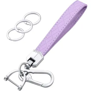 Leather Wristlet Keychain,Car Key Chain Wrist Keychain with 3 Key Ring and Anti-Lost D Ring (Purple)