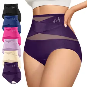 【Pluz Size】Morelect 6 Pcs Women's High Waist Panties Tummy Control, Cross-Ventilation Mesh Cheeky Briefs, Lightweight & Breathable Underwear, Lucky Logo All Season Undies 5-Pack