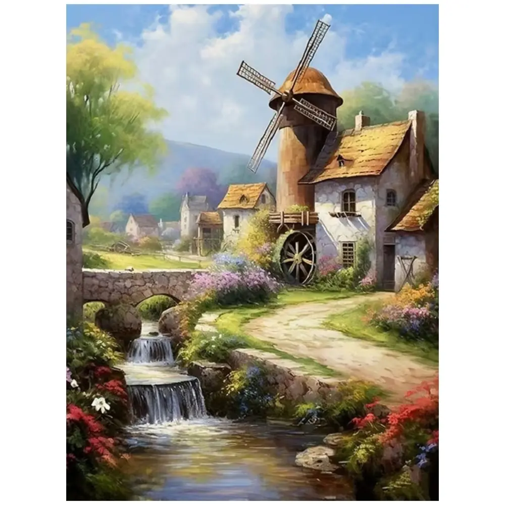 Multiple sizes available including square and round diamonds. This 5D DIY diamond painting set diamond art embroidery kit handmade furniture decor holiday birthday art personalized gift. Windmill village landscape wall art Diamond Painting Kits Handicraft
