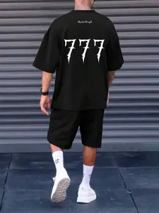 Men's Number Print Short Sleeve Tee & Shorts Set, Regular Fit Casual Round Neck T-shirt & Shorts, Men's Summer Clothes