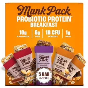 Munk Pack Probiotic Protein Breakfast Bars - 10g Plant Protein, 1g Sugar, 6g Fiber – For Adults & Kids, Low Sugar Snack, Gluten-Free, Diabetic-Friendly, Non-GMO, Sampler Pack- 5 Pack