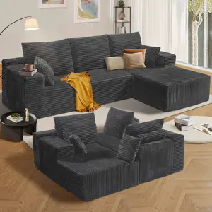 108'' Cloud Sectional Couch, L-Shape Couch with Deep Seat, Sectional Sofa, Living Room Sofa, No Assembly Required, Dark Grey, Left Chaise, Corduroy Fabric