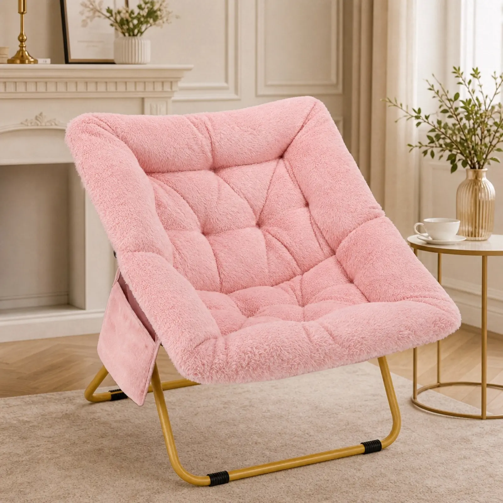 MAMIZO Oversized Backless Faux Fur Saucer Chair - Floor Lounge Chair with Soft Thick Padded Seat, Stable Metal Frame, Folding Comfy Couch for Reading, Dorm, Small Room Ideas Indoor Furniture