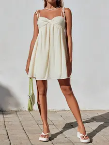 Solid Color Casual Daily Wear Women Spaghetti Strap Dress for Spring and Summer - Plain Fashion Boho Fit Sleeveless Woven Fabric Mini Sundress