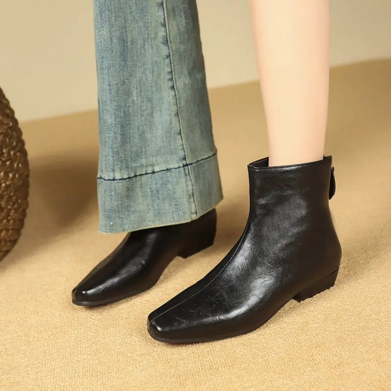 Women's Black Chunky - Thick - ankle boots with square toe, zipper Closure, Faux Cover --like Upper, Non-Slip Rubber Sole  Low Heel Boots for Everyday