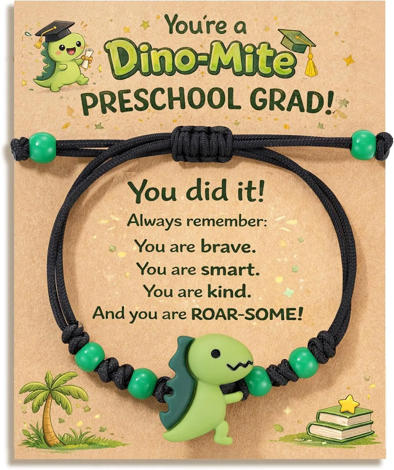 Dinosaur Bracelet for Boys - Son Grandson Kindergarten Preschool Graduation Birthday Gifts with Funny Card and Velvet Gift PouchGift.