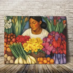 1 Piece of Home Decoration Cloth Wall Art-Bright Mexican Folk Art Print with Wooden Frame Instant Hanging, Bedroom and Living Room Colorful Flowers Decoration, mexican Home Decoration, Traditional Clothing Theme, Vivid Color Reproduction, 2D Plane