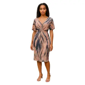 Women's Twist Decor Slit Sleeve Dress Brown Tie Dye Vneck Abstract Printed Casual Skinny Fit Summer Lightweight Fit Evening Elegance Chic Breathable Womenswear Fashion Fabric Style Comfort Party Formal Shortsleeve Piece