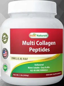 Best Naturals Multiple Collagen Peptides Protein Type I, II III, V & X Collagen unflavored 1 Pound - Grass Fed & Pasture Raised - Water Soluble - Easy to Mix