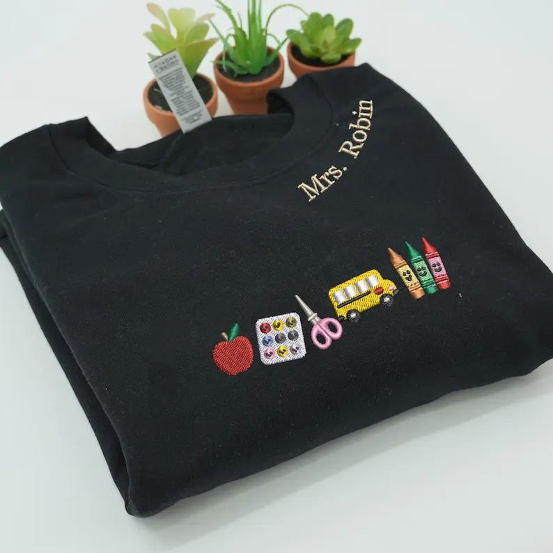 Personalized Teacher Embroidered Sweatshirt, Custom Name School Supplies Crewneck, Classroom Long Sleeve Pullover