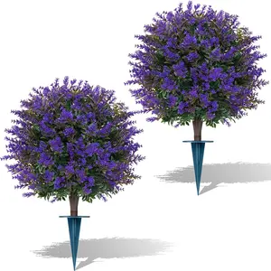 Artificial Lavender Boxwood Topiary Ball Trees, 2 Pack Artificial Outdoor Shrubs with Spike, UV Resistant Fake Bushes Plants for Outside Indoors Garden Front Porch