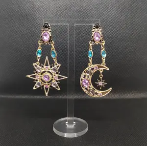 #476 Golden Star and Moon Dangle Studs with Purple, Pink, Grey, Blue & Black Rhinestones Earrings- Elegant Celestial Jewelry