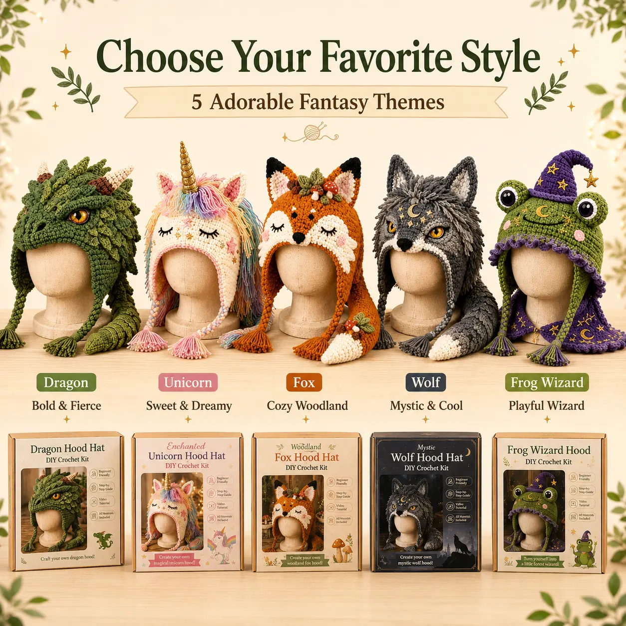 Handmade Yarn Knitwear Fantasy Character Hat - Fantasy Themes, 5 Animals (Dragon, Unicorn, Fox, Wolf, Frog), Wizard Party Leisure Headwear for Adults, Unique Whimsical Accessory