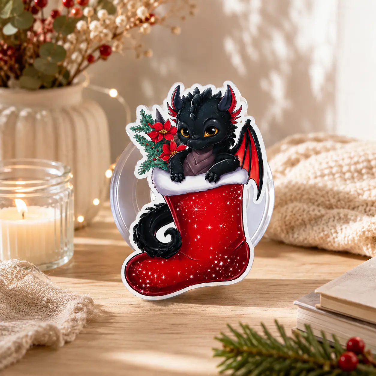 Christmas Dragon Magnetic Phone Grip, Holiday Stocking Phone Holder, Fantasy Dragon Pop Socket, MagSafe Kindle Grip, Cozy Winter Gift