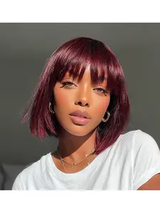 250% density burgundy layered straight bob wig, made of real human hair, with bangs, no glue required, 3x1 pre-cut lace wig, suitable for all women, Glueless Straight Wig, Human Hair Wigs, Lace Front Bobs