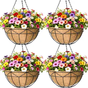 4 Pack 14 inch Wire Hanging Planter Basket with Coco Coir Liner Hanging Flowers Planters for Indoor Outdoor Decor & Planting Multi-Purpose Black Metal Pots Holder for Home Yard Balcony