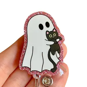 Glitter My Badge Halloween ghost cat badge reel for nurse and hospital workers. Badge clip Badge pull - Retractable swivel clip with a 360 rotation. Great gift for coworker. Labor and delivery badge reel. Encouraging