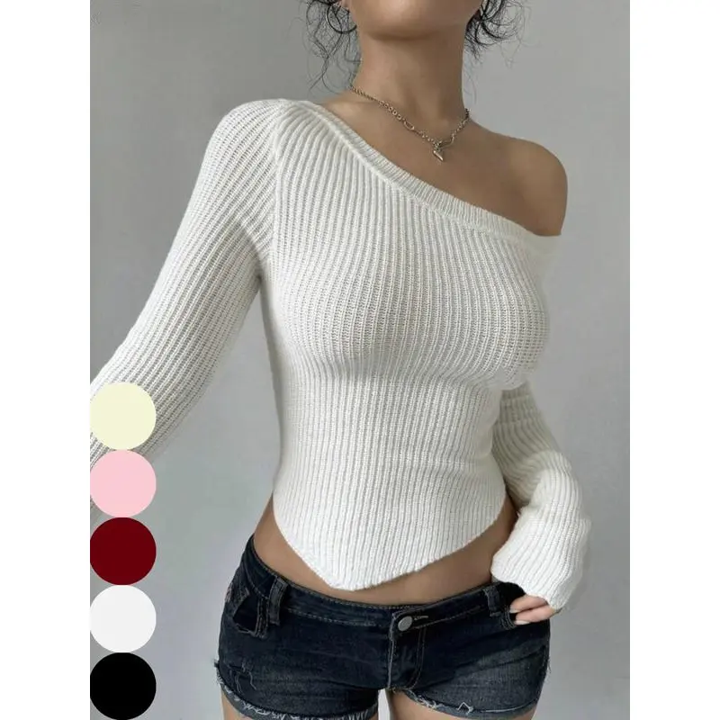Women's Plain Asymmetrical Neck Crop Sweater, Casual Long Sleeve Asymmetrical Hem Jumper for Spring & Fall, Fashion Women's Knitwear for Daily Wear