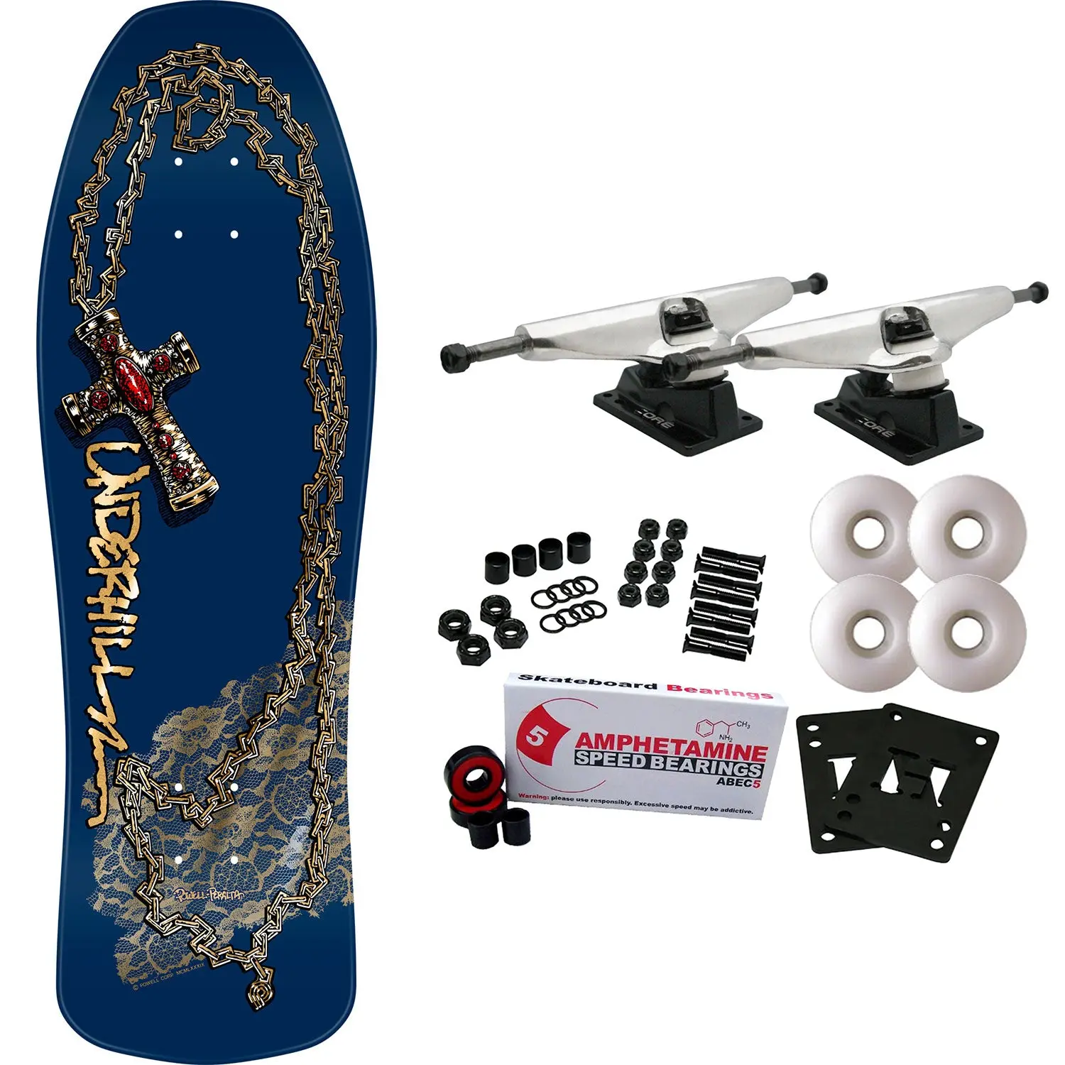 Powell Peralta Skateboard Complete Ray Underhill Cross Navy/Gold Foil Old School Reissue