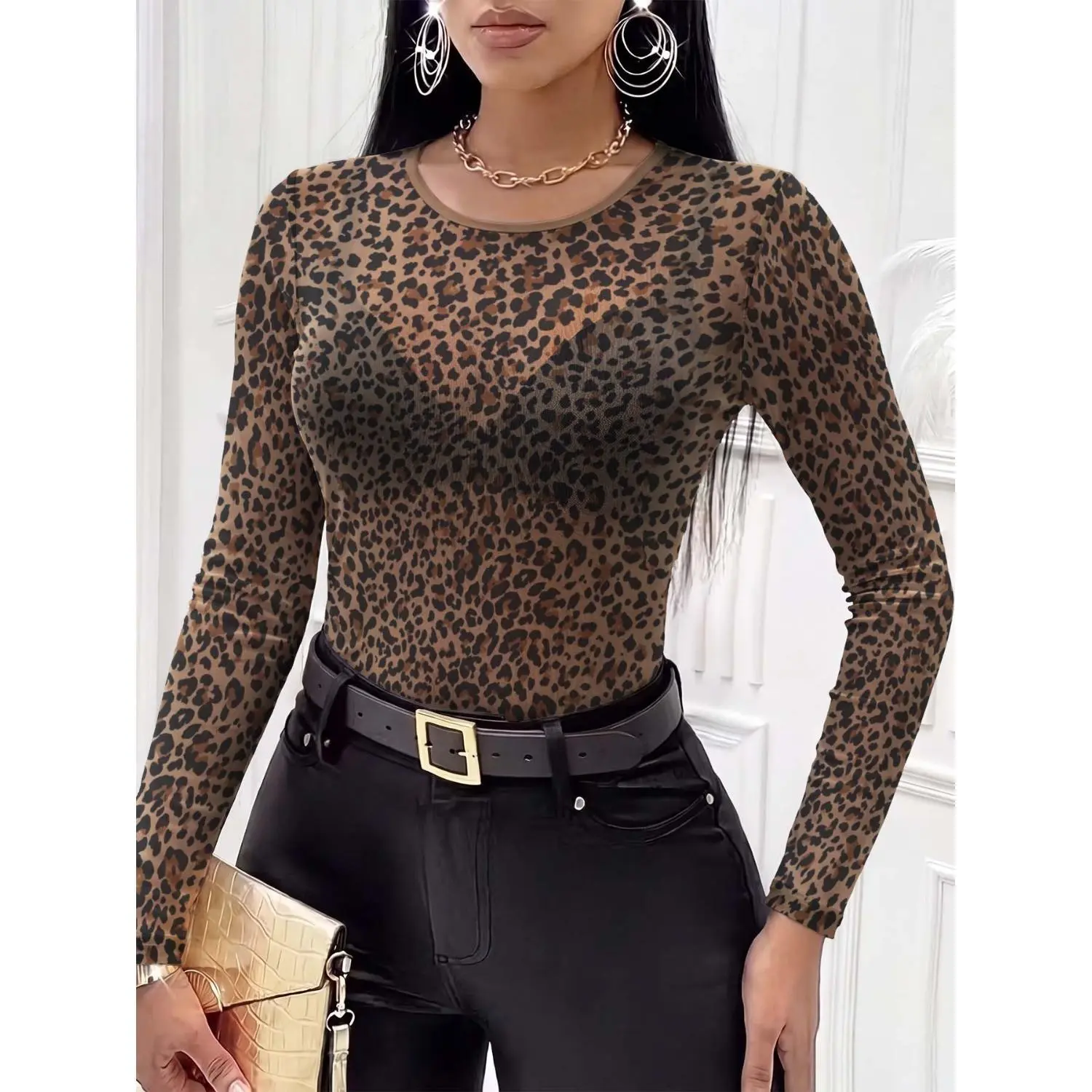 [Printed Design - Not Textured] Western Style Sexy Leopard Print Women'S Round Neck Long Sleeve Mesh Elegant Fashion Inner Wear Outer Wear Date Vacation Holiday Party Gathering Outfit All Seasons Can Match Top