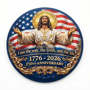 2D Flat Christian Patriotic Round Metal Sign, "I Am The Way" Jesus 1776-2026 Anniversary Plaque for Front Door Wreath, 4th of July Decor, Father's Day Gift for Believer