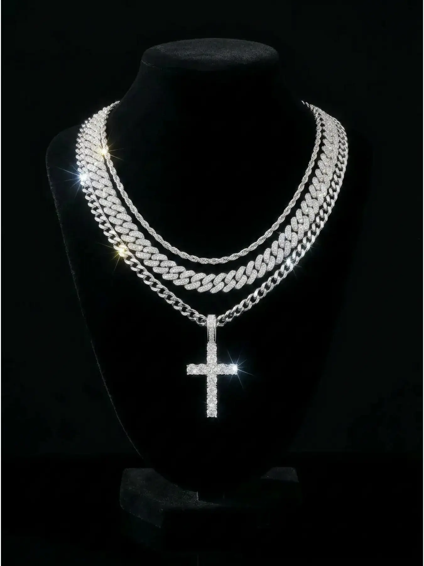 3PCS Cross Pendant Necklace Set for Men, Iced Out Cuban Link Layered Chains, Hip Hop Fashion Jewelry, Jewelry Sets, Necklaces Set, Zinc Alloy