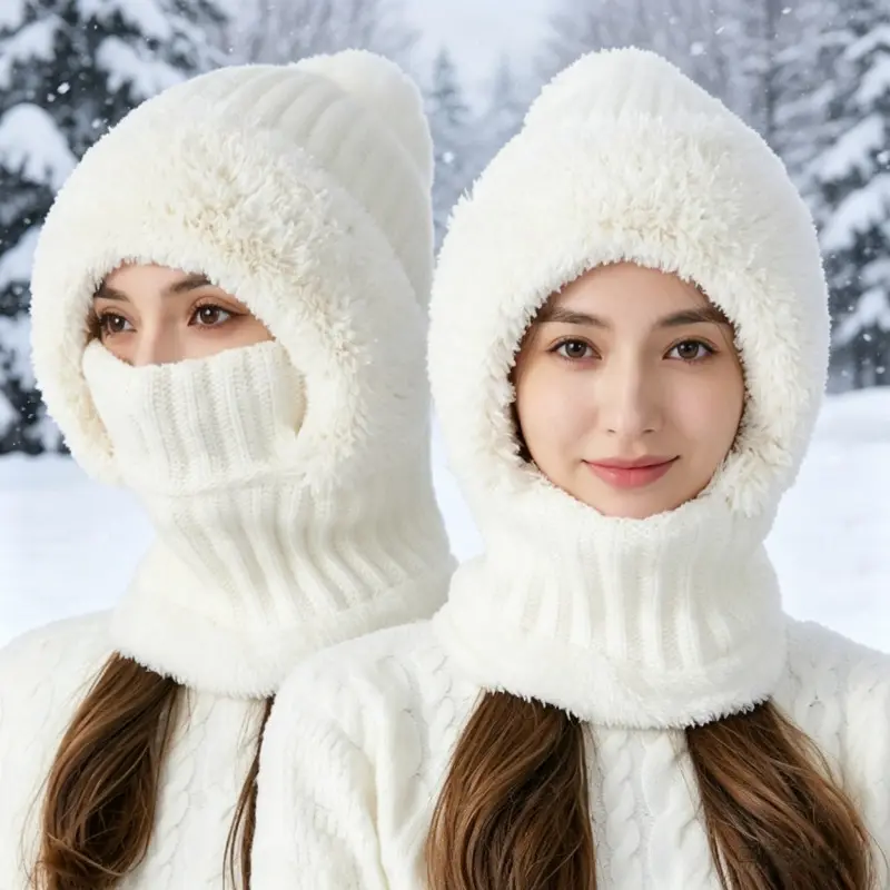 Women's 3-In-1 Fleece Lined Thermal Balaclava Set - Windproof Knit Beanie Hat with Neck Warmer, Ear Flap Pom Pom Hat for Winter Skiing, Cycling, Ear Flap Hat