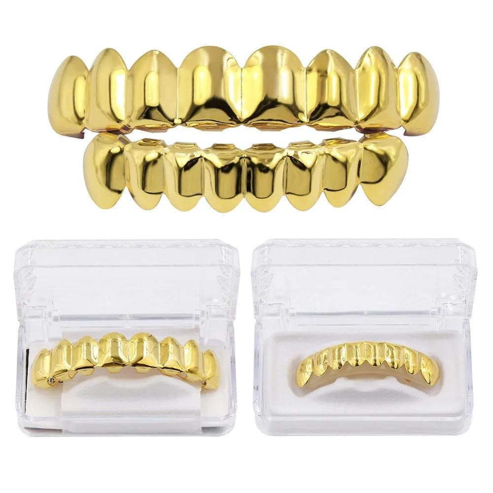 8/8 Hip Hop Teeth Grillz Set Gold Silver Color Top &  Bottom Body Jewelry  Punk Cosplay Party Tooth Grills Gifts