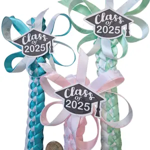 Single braided lei / 2025 bow / 2 colored ribbon lei / 1 inch wide /  38 inches long / Hawaiian Style ribbon lei