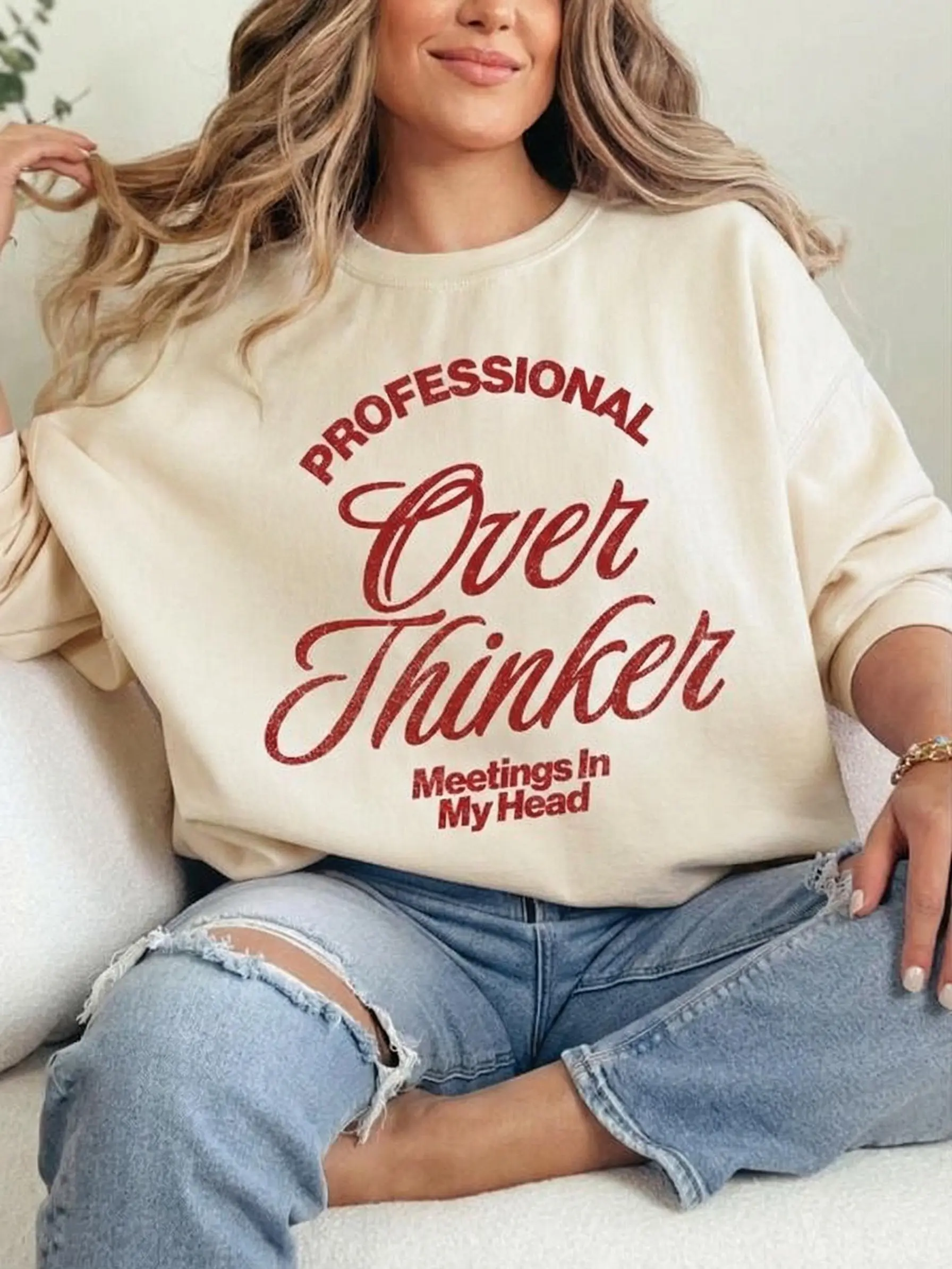 Women's Cotton Fabric Round Neck Tops - Professional Overthinker Printed Unisex Crewneck Sweatshirt, USA-Made, Comfortable Solid Design