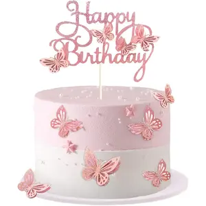 13-Pack Pink 3D Butterfly Cupcake Toppers – Cake Decorations for Girls' and Women's Birthday Parties