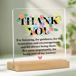Acrylic Thank You Plaque with Wooden Stand, 1 Count Creative Floral Pattern Desktop Ornament, Creative Desktop Decoration with Mini Greeting Card, Home Decor for Living Room Bedroom Office, Gift for Friend & Family