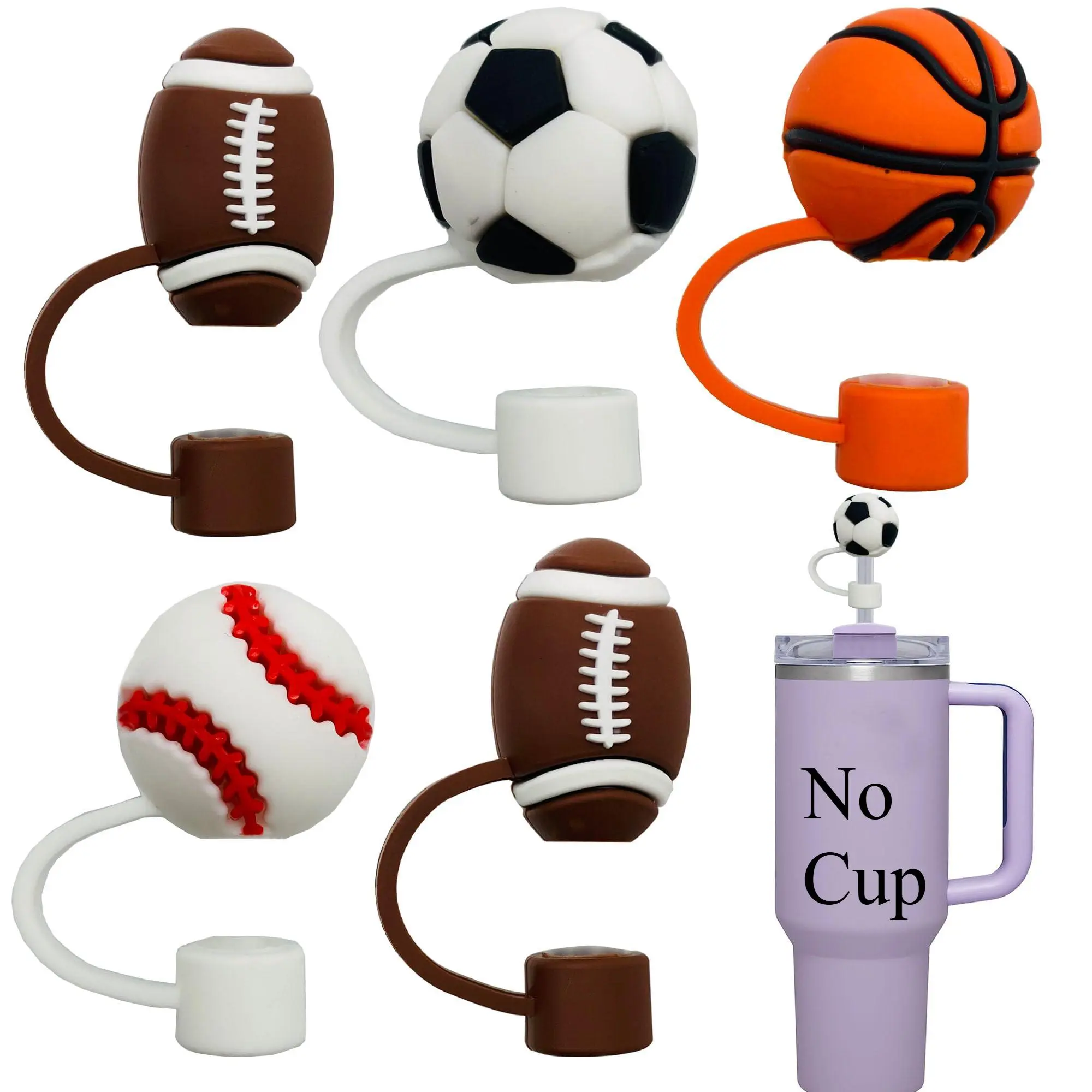 Ball Sports Theme Straw Cover Cap,  5 Counts  Reusable Silicone Straw Cover, Creative Straw Topper, Straw Toppers For Tumblers, Compatible with Stanley 20 & 30 & 40oz Tumbler Cups, Drinking Gadgets