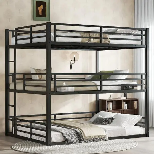 Bellemave Queen over Full XL over Queen Bunk Bed, Metal Triple Bunk Bed with Safety Guardrails, Heavy-duty Bunk Bed with Noise-reduced Design