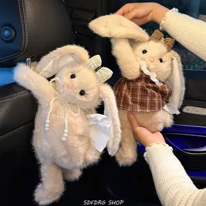 Car Tissue Box Hanging Bag with Cute Plush Rabbit Doll, Novel Pumping Carton Design, Soft & Decorative Tissue Holder for Car Interior, Dashboard & Backseat Storage, Travel & Daily Use