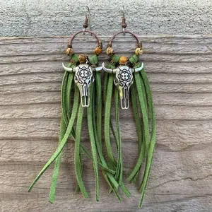 Fierce Fringe Couture Hypoallergenic Fringe Bullhead Earrings with Turquoise Beads and Leather Tassels