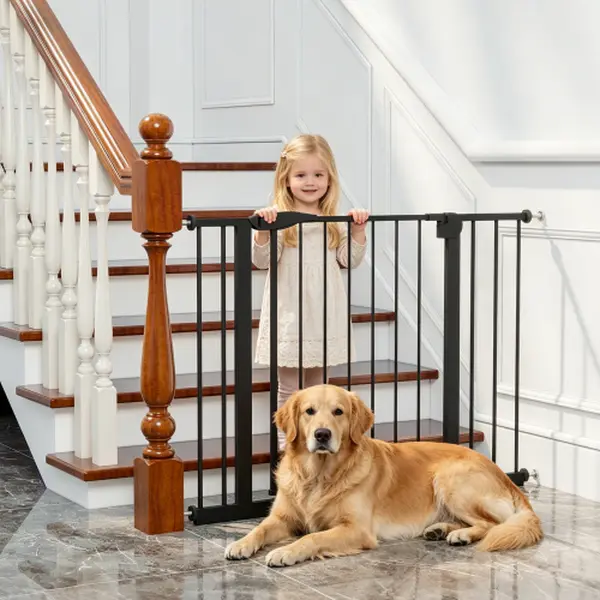 Durable Steel Safety Gate for Dogs, 29.5-44.1 In Wide Fit, 31.1 In Height, No-Drilling Pressure-Mounted, Easy Walk-Through for Stairs, Doorways, Indoor Black (Babysitting Essential)