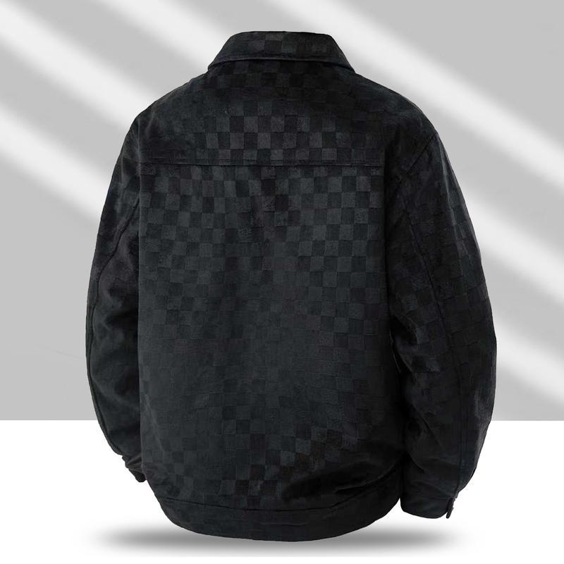 Men's Black Patterned Suede Wool Jacket with Front Flap Pockets and Button Closure, Suitable for Autumn Wear - Fashionable and Practical Top - Aesthetic - Fashion men outfits