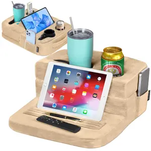TabCouchCaddy - Couch Cup Holder Tray Pillow - Bed, Couch Caddy, Sofa, RV & Car - Holds Drinks, Snacks, Remotes, Phones, Kindle, Tablet | Bed Cup Holder (Beige)