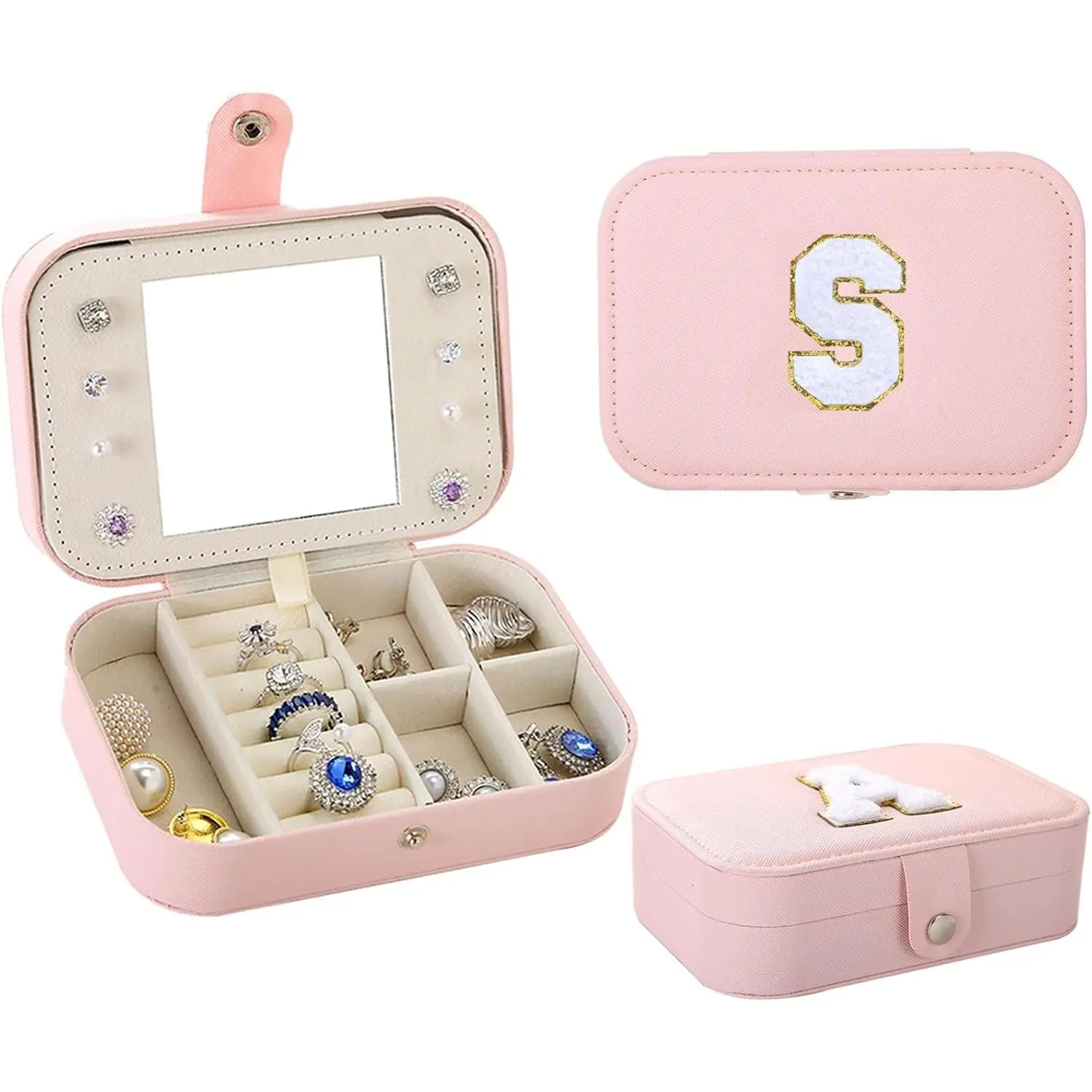 Initial S  Box Organizer, Pink Travel  Case with Mirror, PU Leather  Box for Travel, Personalized Birthday  for Women Girls