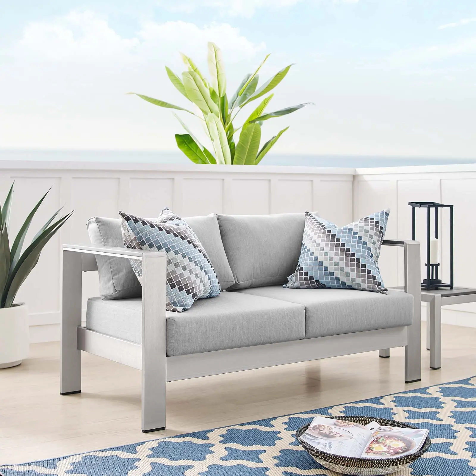 Modway Shore Sunbrella® Fabric Aluminum Outdoor Patio Loveseat in Silver Gray